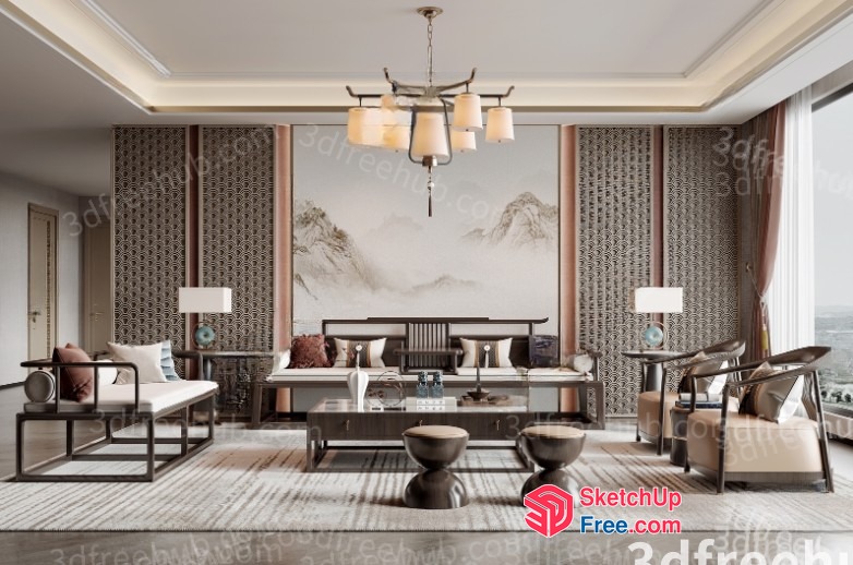 Elegant And Modern Living Room With Asian-Inspired Decor 3D SketchUp File