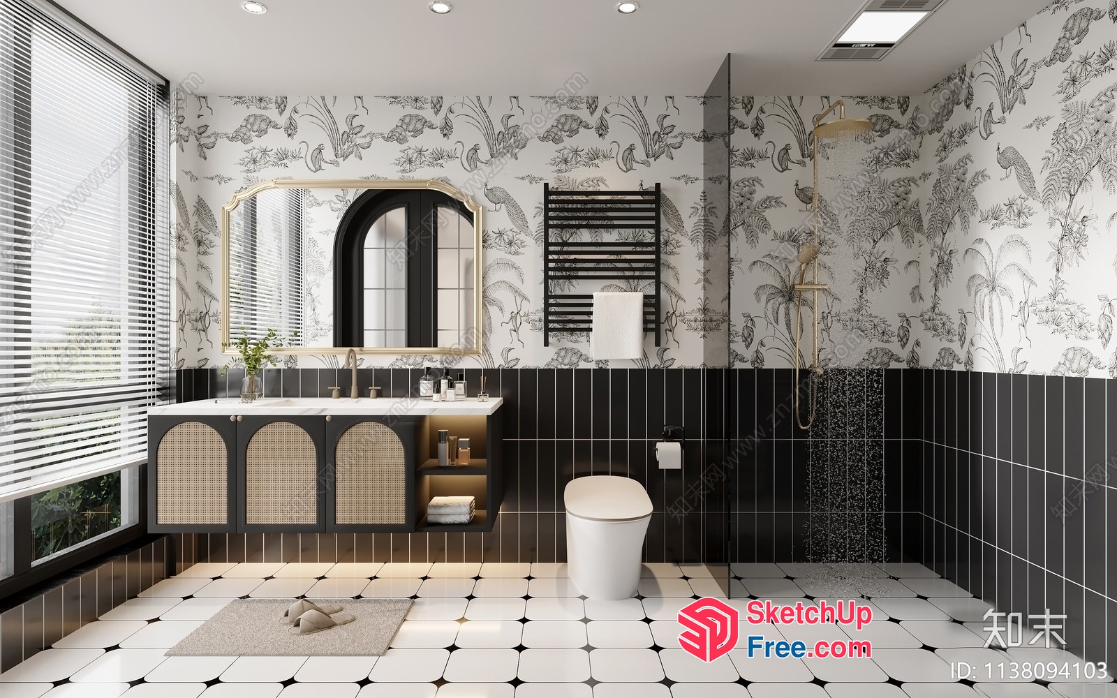 Elegant Black And White Bathroom With Floral Wallpaper 3D SketchUp File