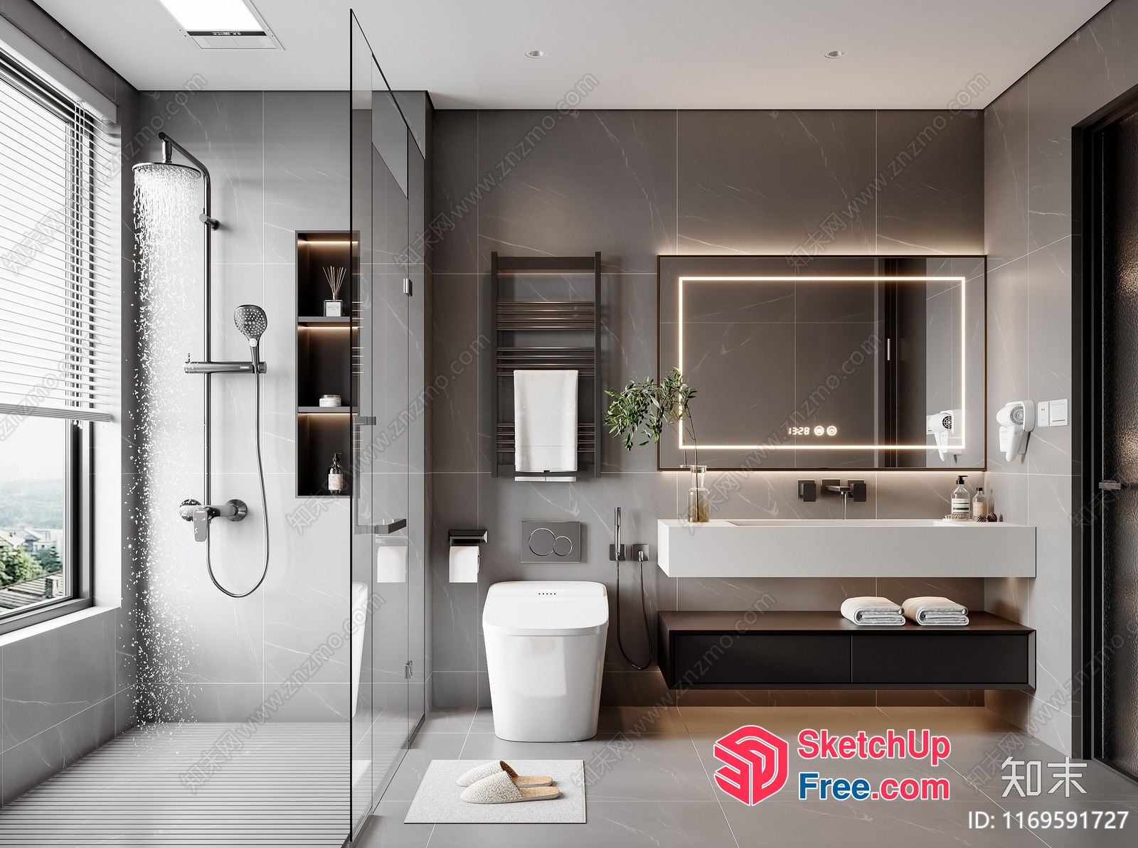 Modern Bathroom With Sleek Fixtures And Gray Tile 3D SketchUp File
