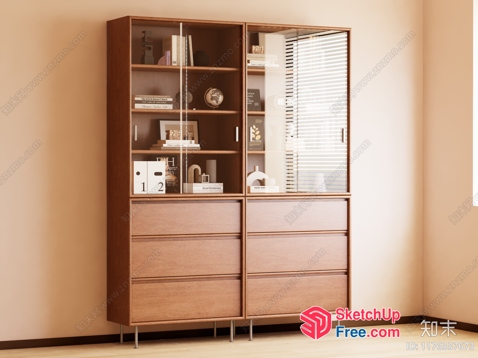 Light Wooden Storage Unit With Glass Doors And Shelves 3D SketchUp File