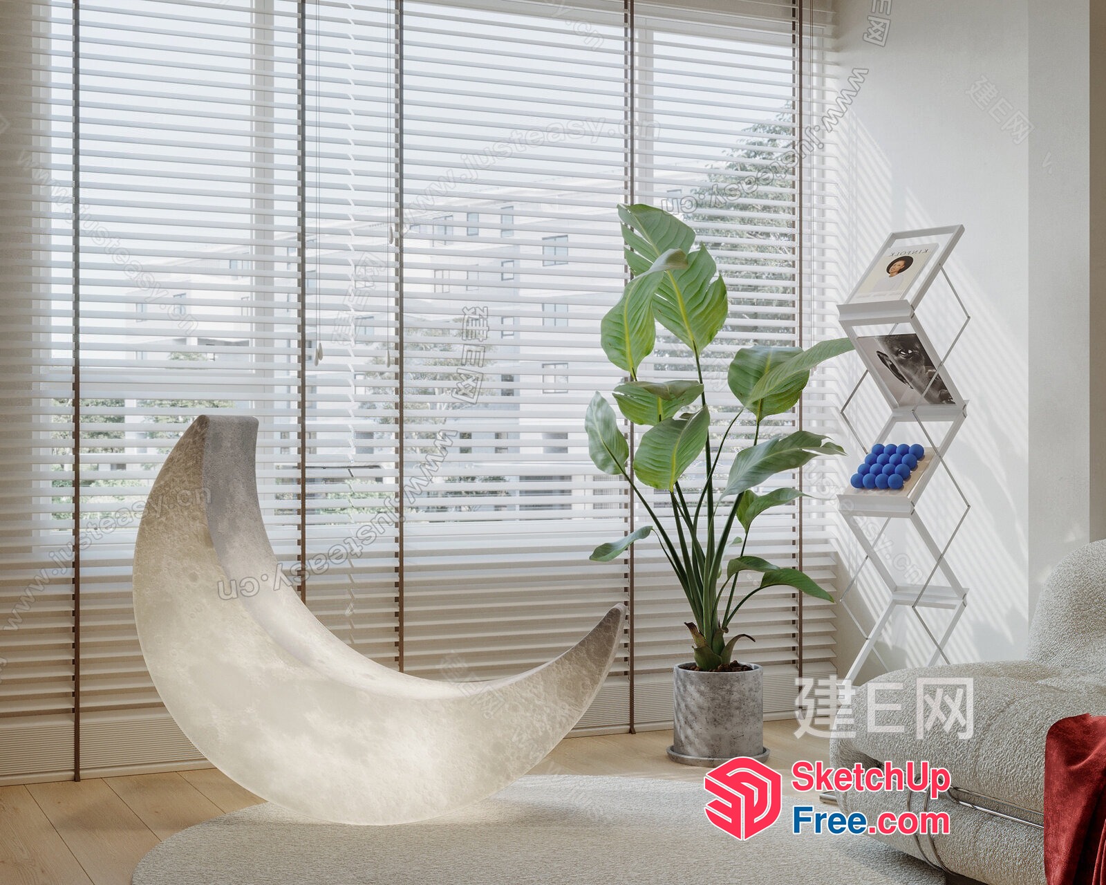 Elegant Modern Living Room With Large Window And Moon-Shaped Chair 3D SketchUp File