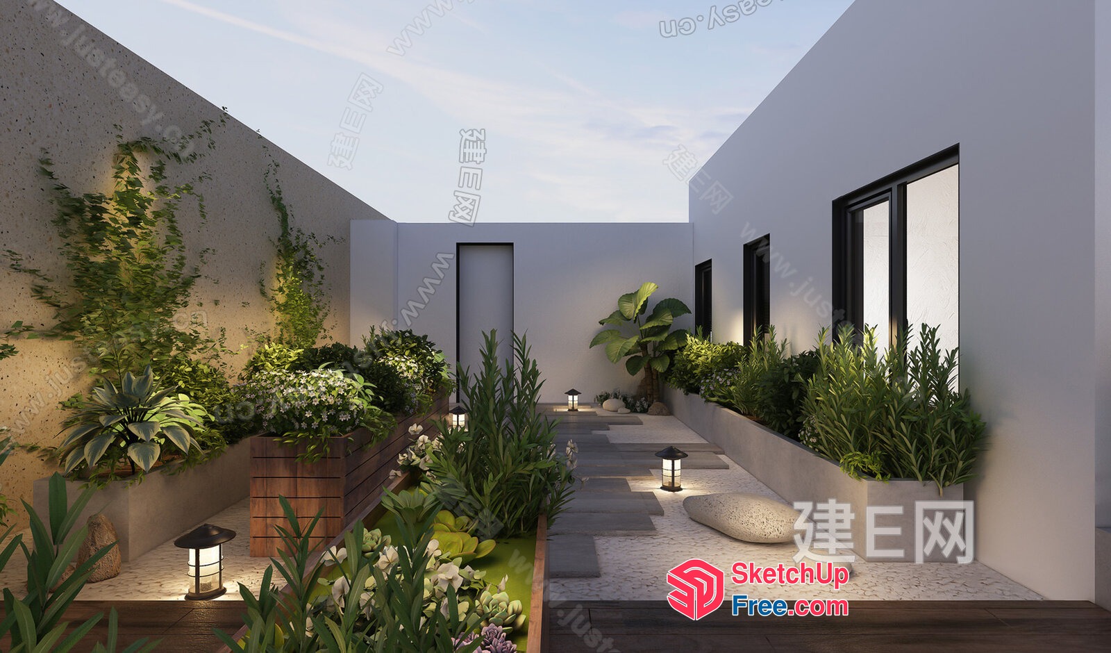 Modern Villa Garden With Potted Plants And Lanterns 3D SketchUp File