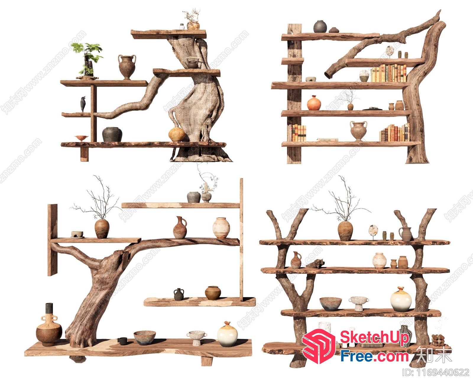 Rustic Wooden Shelf With Tree Branches And Decorative Items 3D SketchUp File