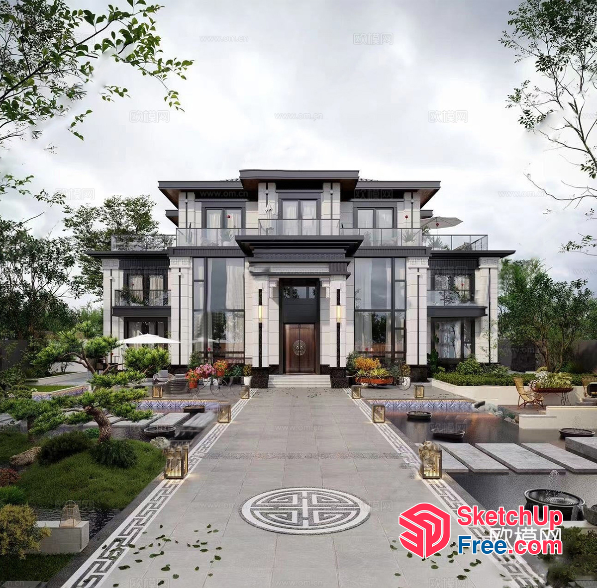 Asian-Inspired Villa Exterior With Elegant Decor 3D SketchUp File