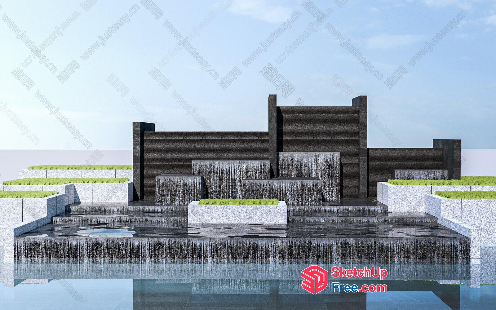 Modern Waterfall Feature With Greenery And Stone Steps 3D SketchUp File