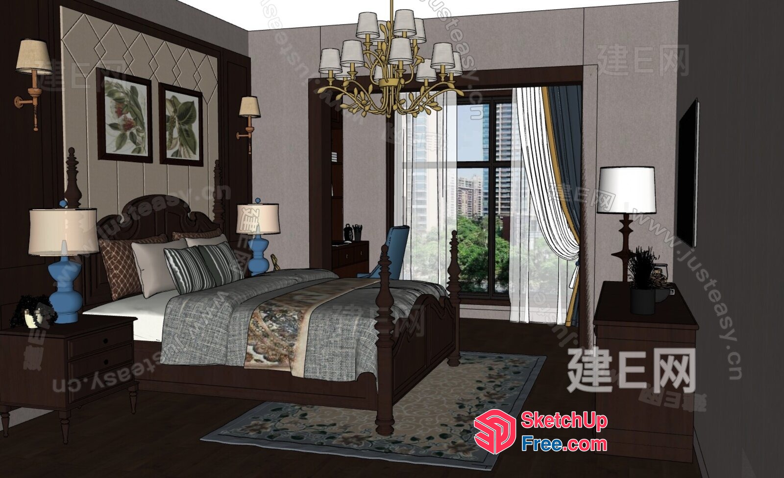 Luxurious Master Bedroom With Dark Wood Accents And Ornate Chandelier 3D SketchUp File
