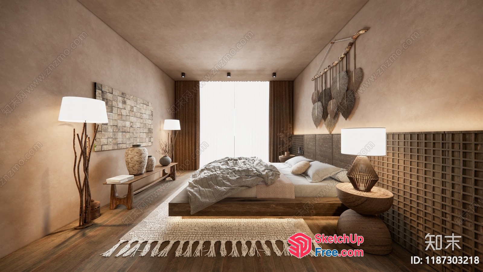 Minimalist Japanese Style Bedroom With Natural Elements 3D SketchUp File
