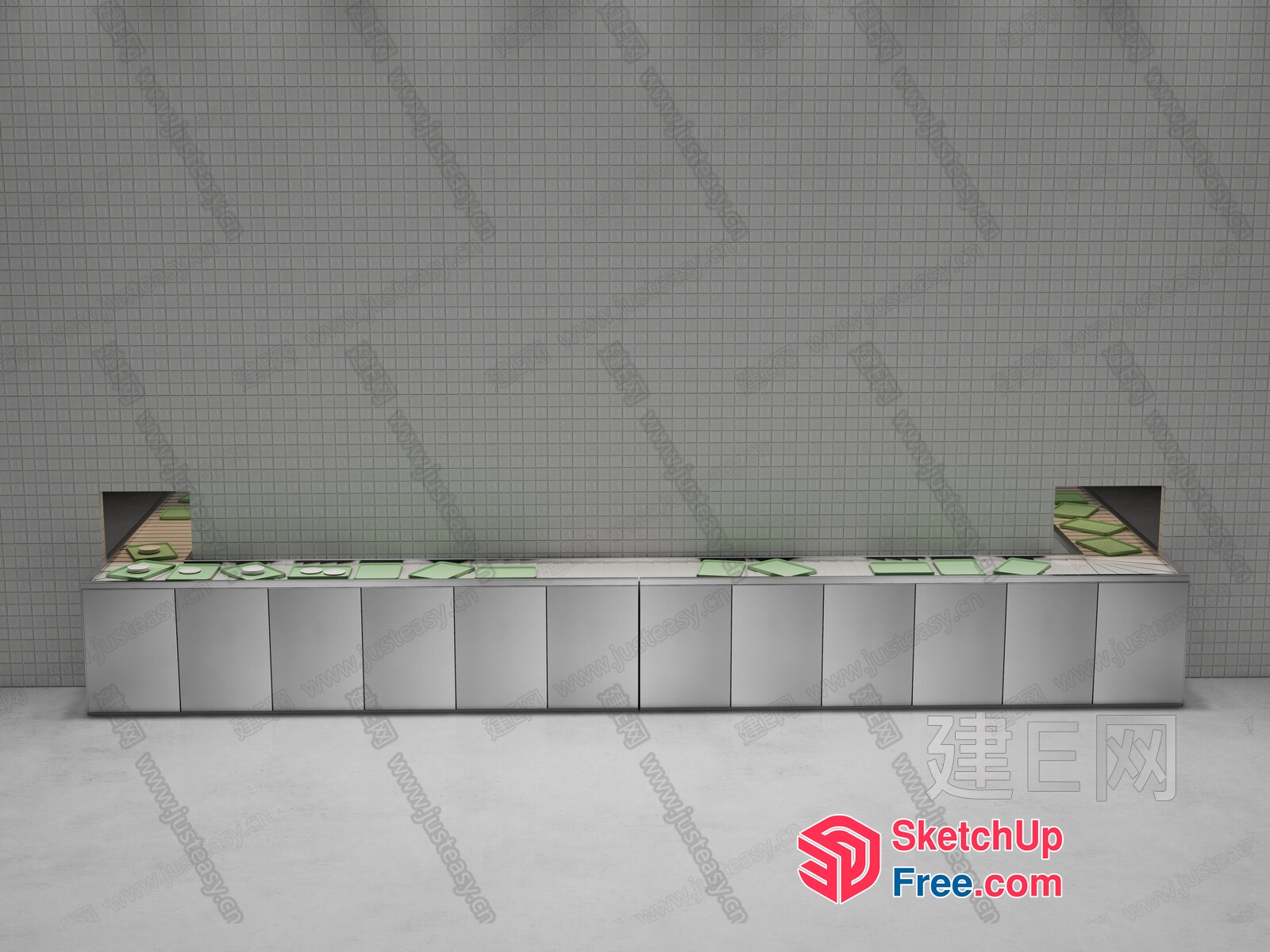 Long Counter With Green Paper And Gray Tiles 3D SketchUp File