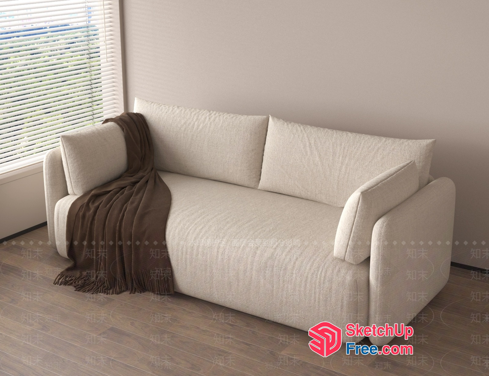 Modern Creamy Style Sofa With Brown Throw Blanket 3D SketchUp File
