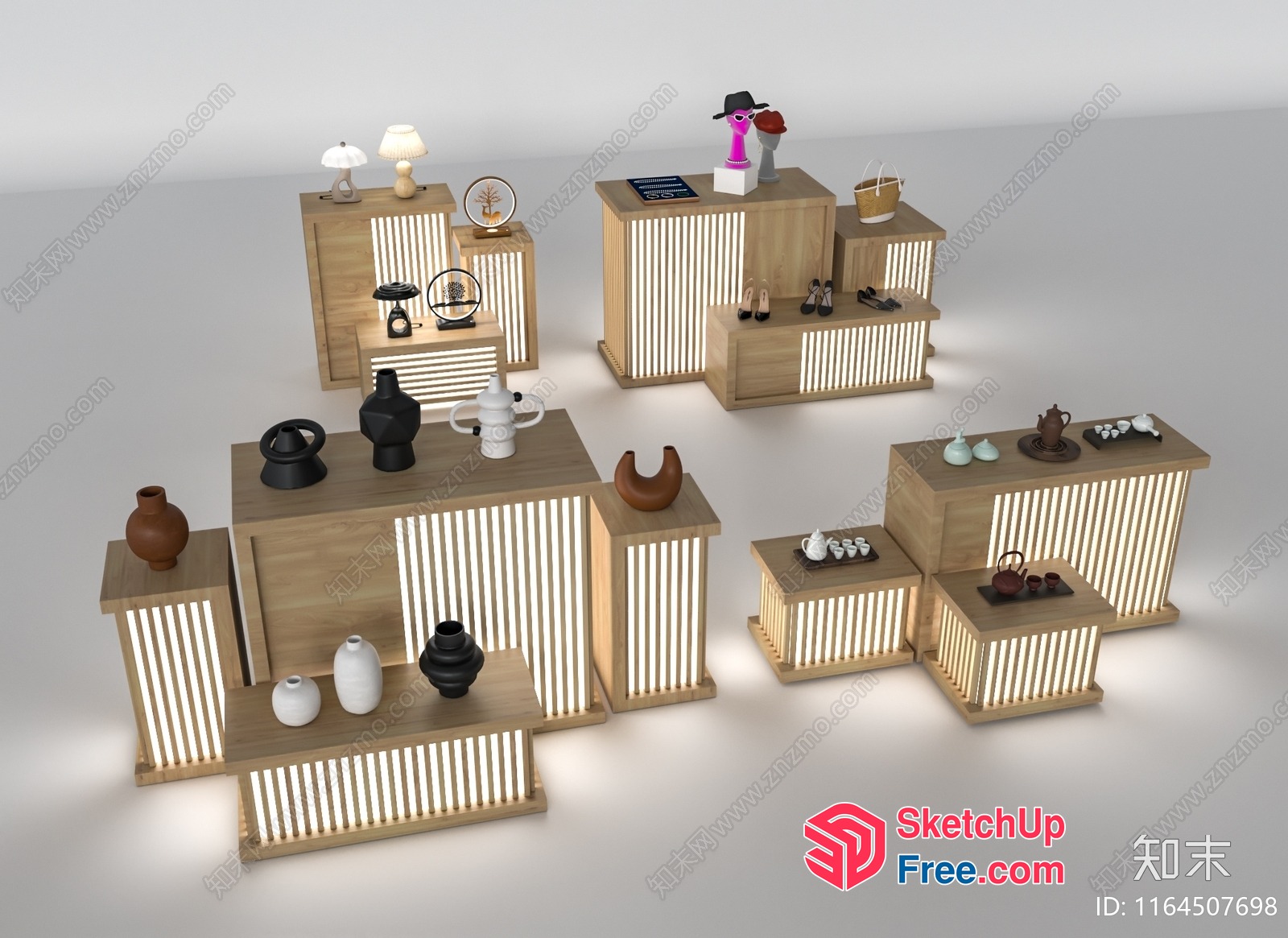 Light Wooden Display Shelves With Vases And Decorations 3D SketchUp File