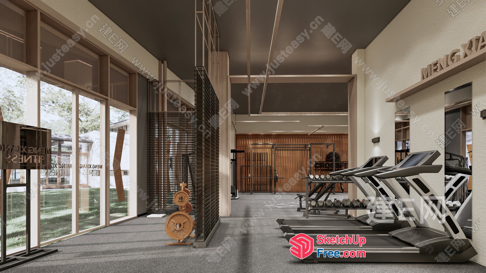 Modern Gym Interior With Glass Wall And Treadmill 3D SketchUp File