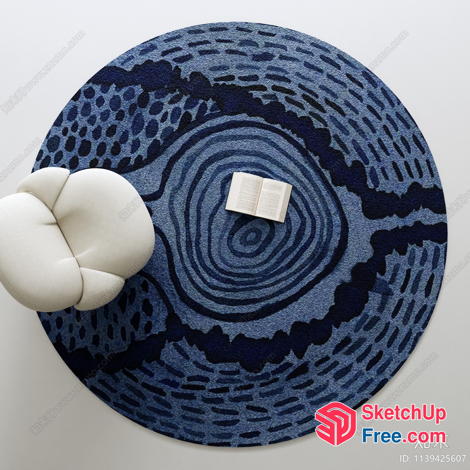 Round Blue And Black Patterned Rug With White Chair 3D SketchUp File