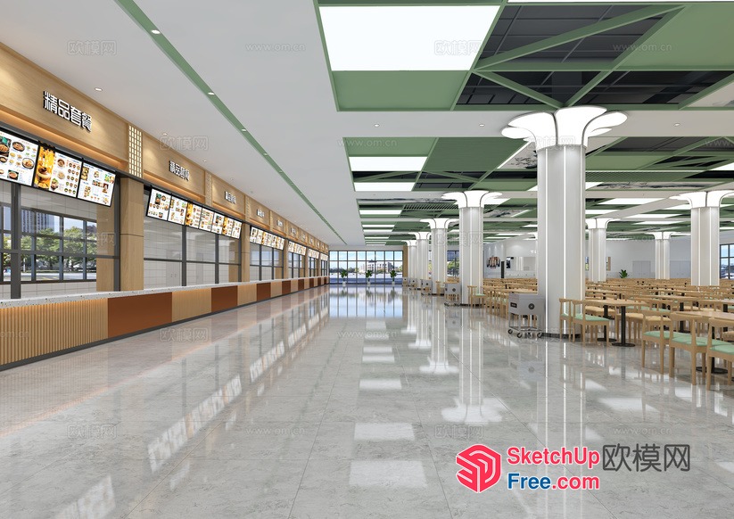 Long Hallway With Food Stands And Seating 3D SketchUp File