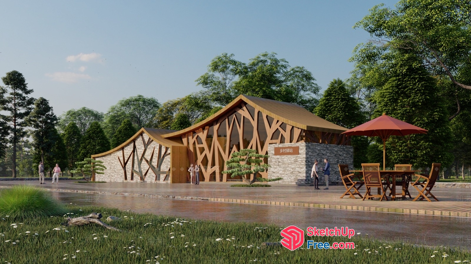 Asian-Inspired Modern Exterior With Unique Wood Design 3D SketchUp File