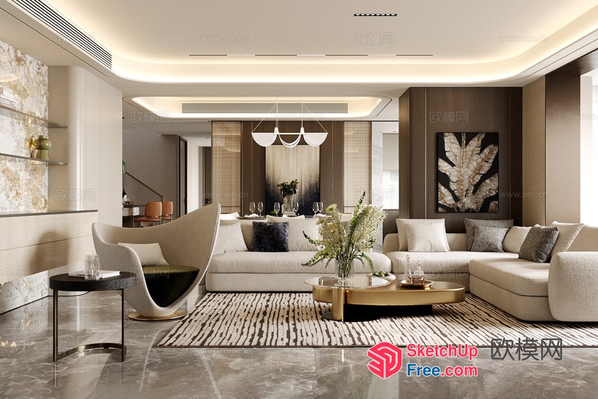 Elegant Creamy Style Living Room With Modern Furniture And Decor 3D SketchUp File