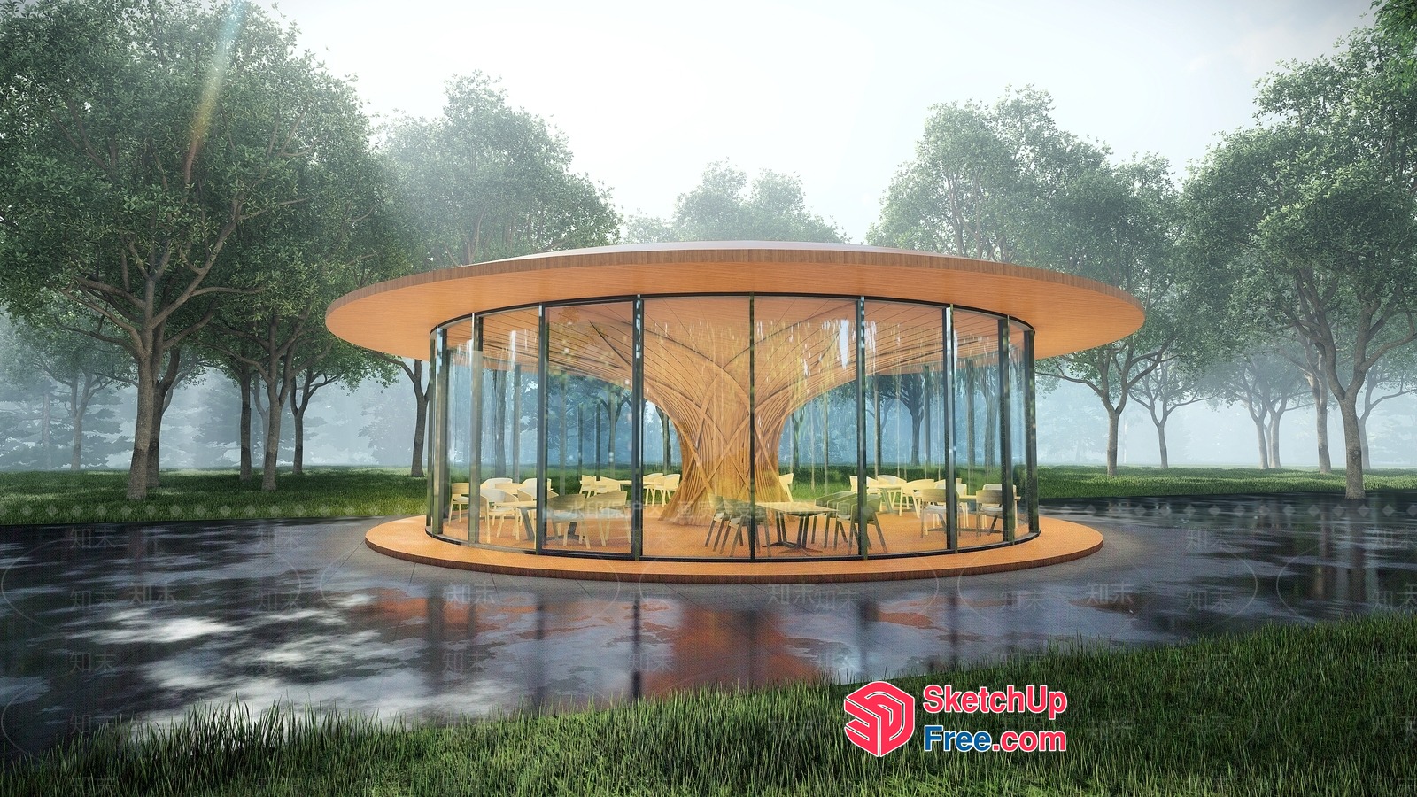 Modern Glass And Wood Tree-Shaped Pavilion 3D SketchUp File