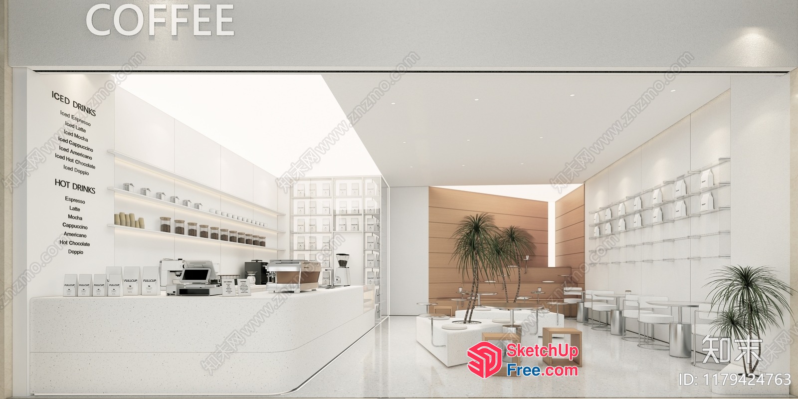 Modern Minimalist White Coffee Shop Interior 3D SketchUp File
