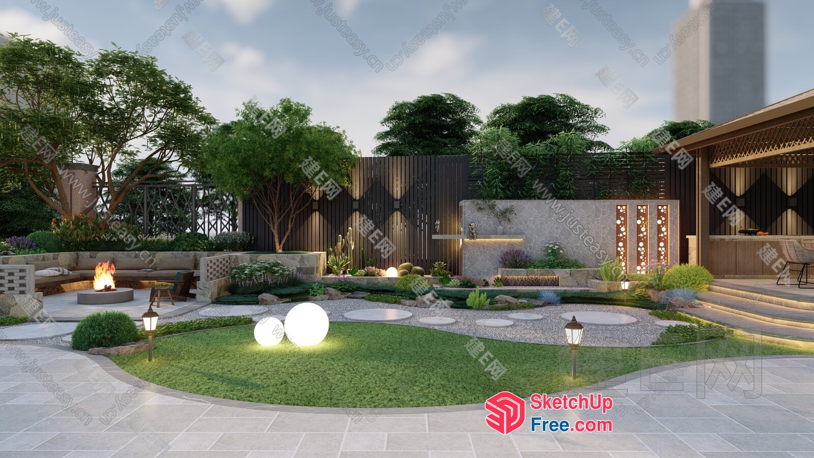 Serene Outdoor Oasis With Fire Pit And Water Feature 3D SketchUp File