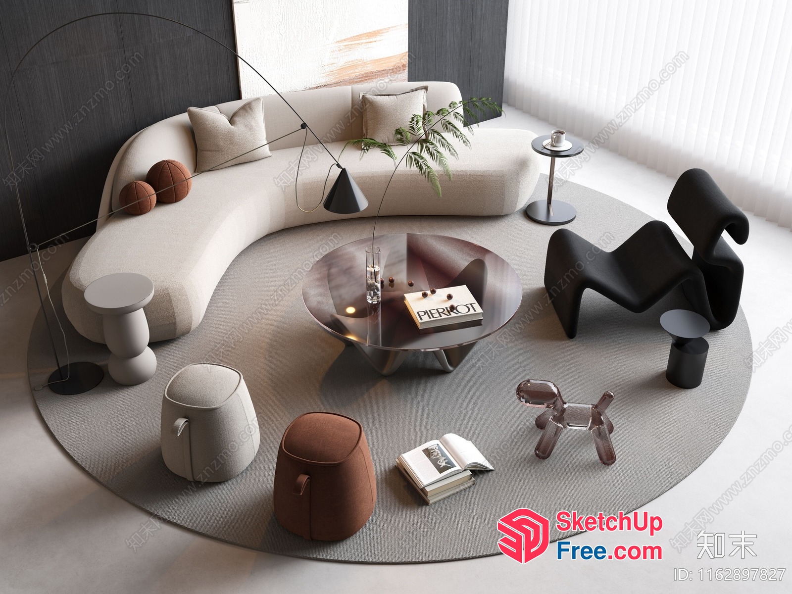 Modern Minimalist Living Room With Curved Sofa And Coffee Table 3D SketchUp File