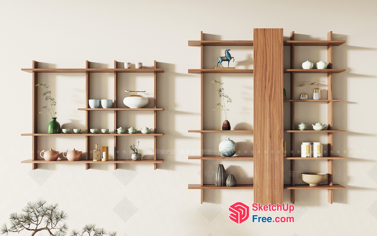 Minimalist Decorative Shelf With Tea Set And Vases 3D SketchUp File