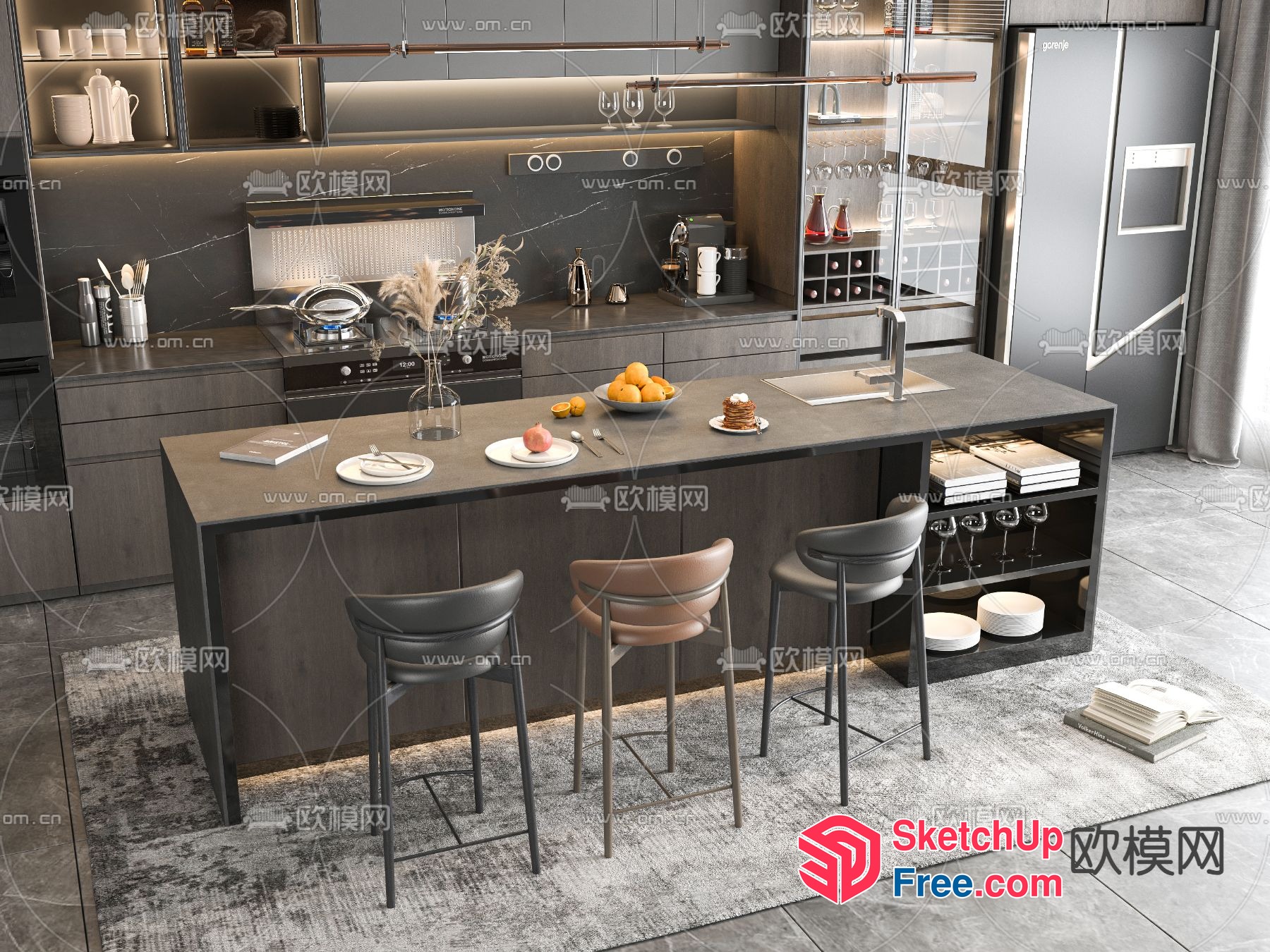 Modern Kitchen Island With Stools And Island Lighting 3D SketchUp File