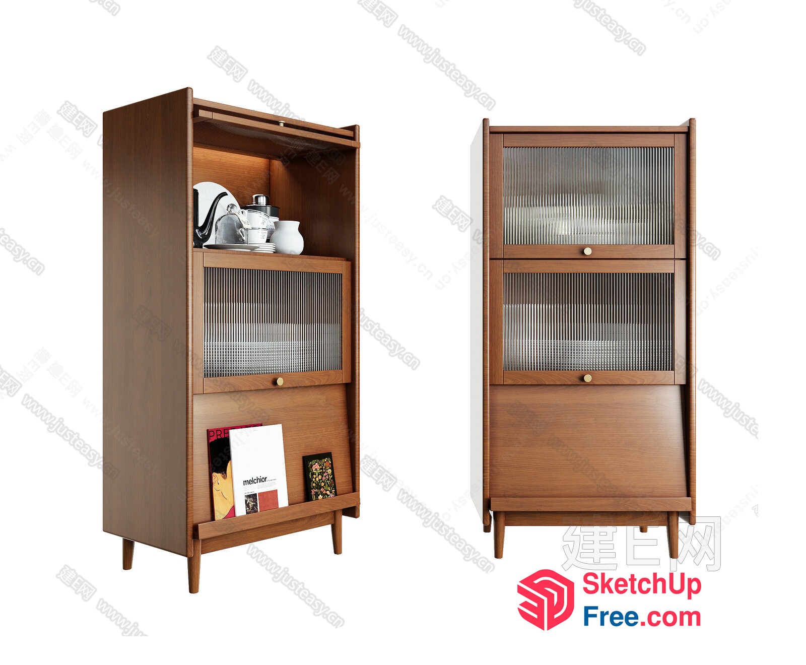 Mid-Century Modern Wooden Cabinet With Glass Doors And Drawers 3D SketchUp File