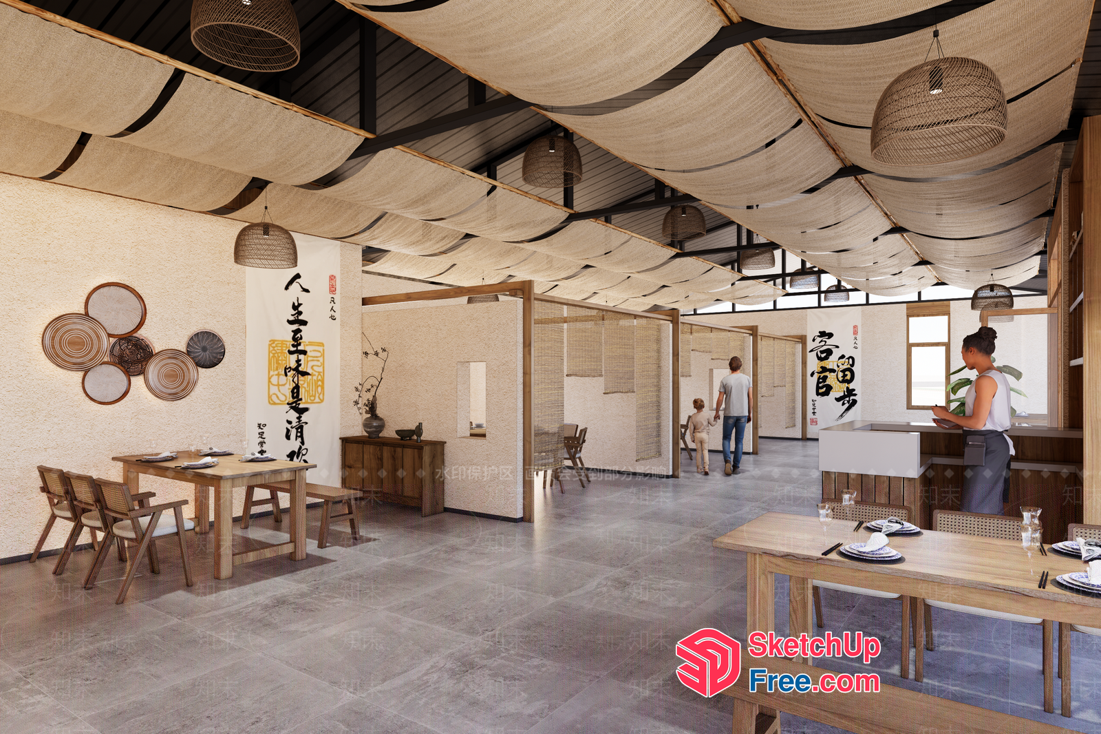 Japanese Style Dining Room With Natural Wood Accents 3D SketchUp File