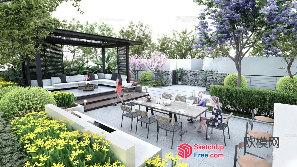 Modern Outdoor Patio With Elegant Furniture And Lush Greenery 3D SketchUp File