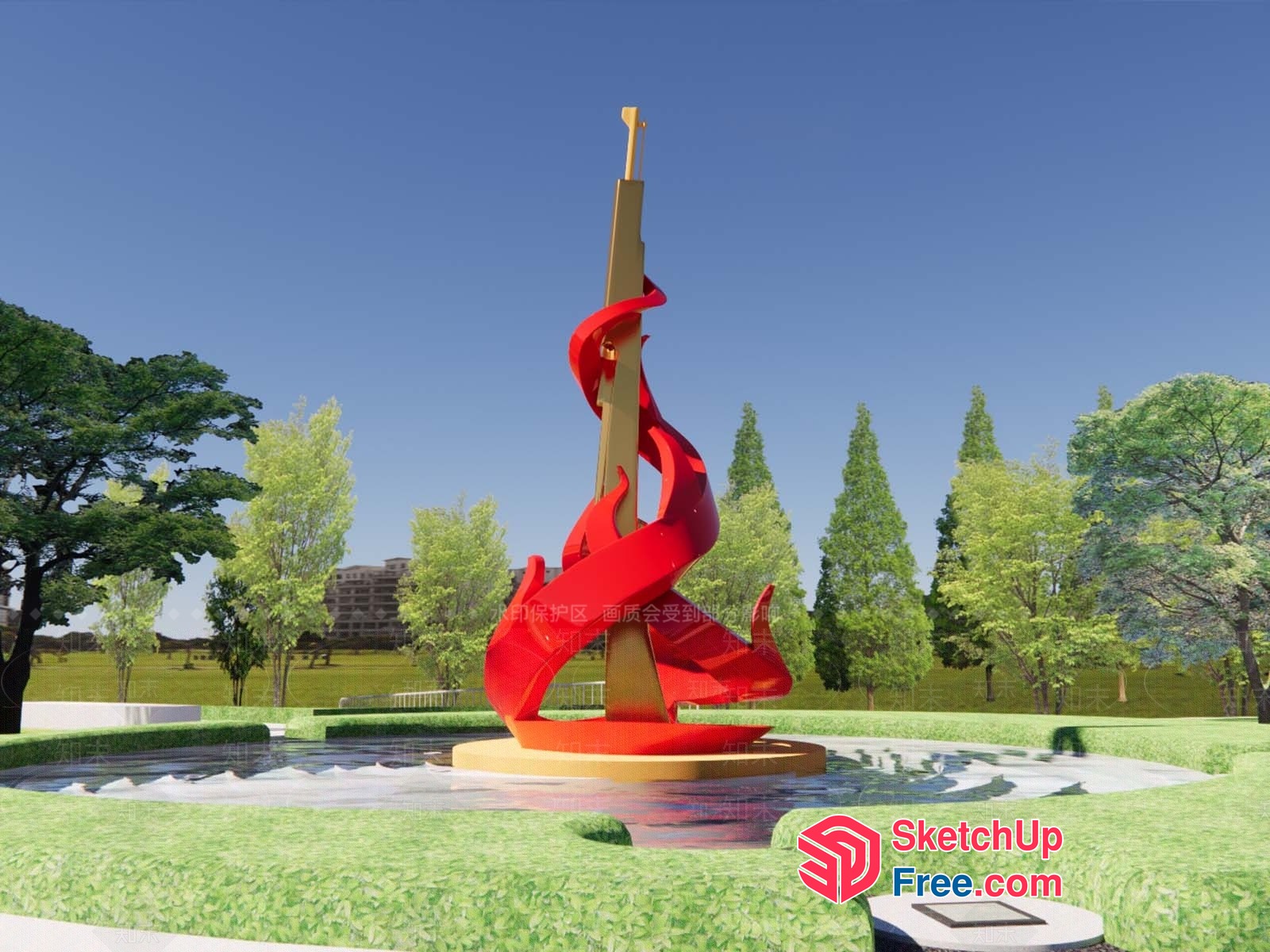 Red And Gold Sculpture In A Park 3D SketchUp File