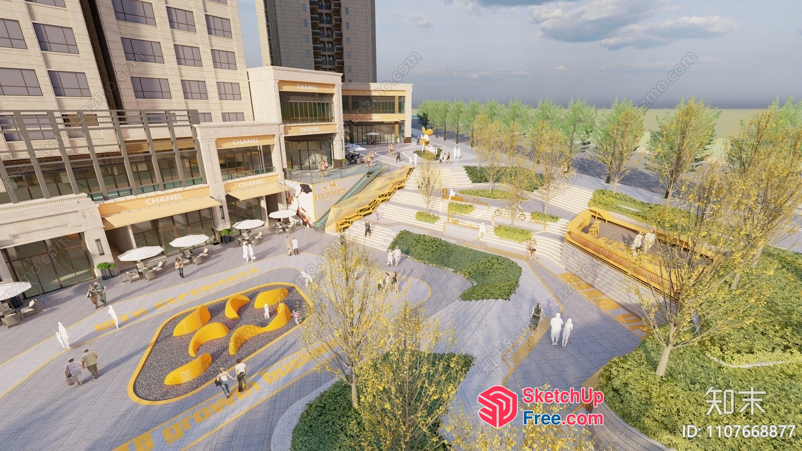 Commercial Street With A Mix Of Buildings And Green Spaces 3D SketchUp File