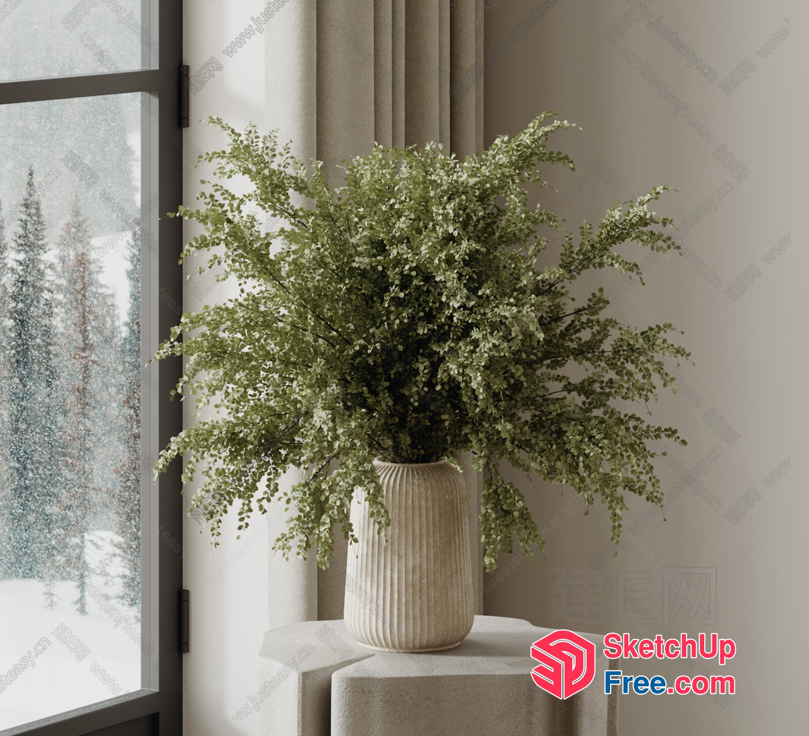 White Vase With Green Plant On Table By Window 3D SketchUp File