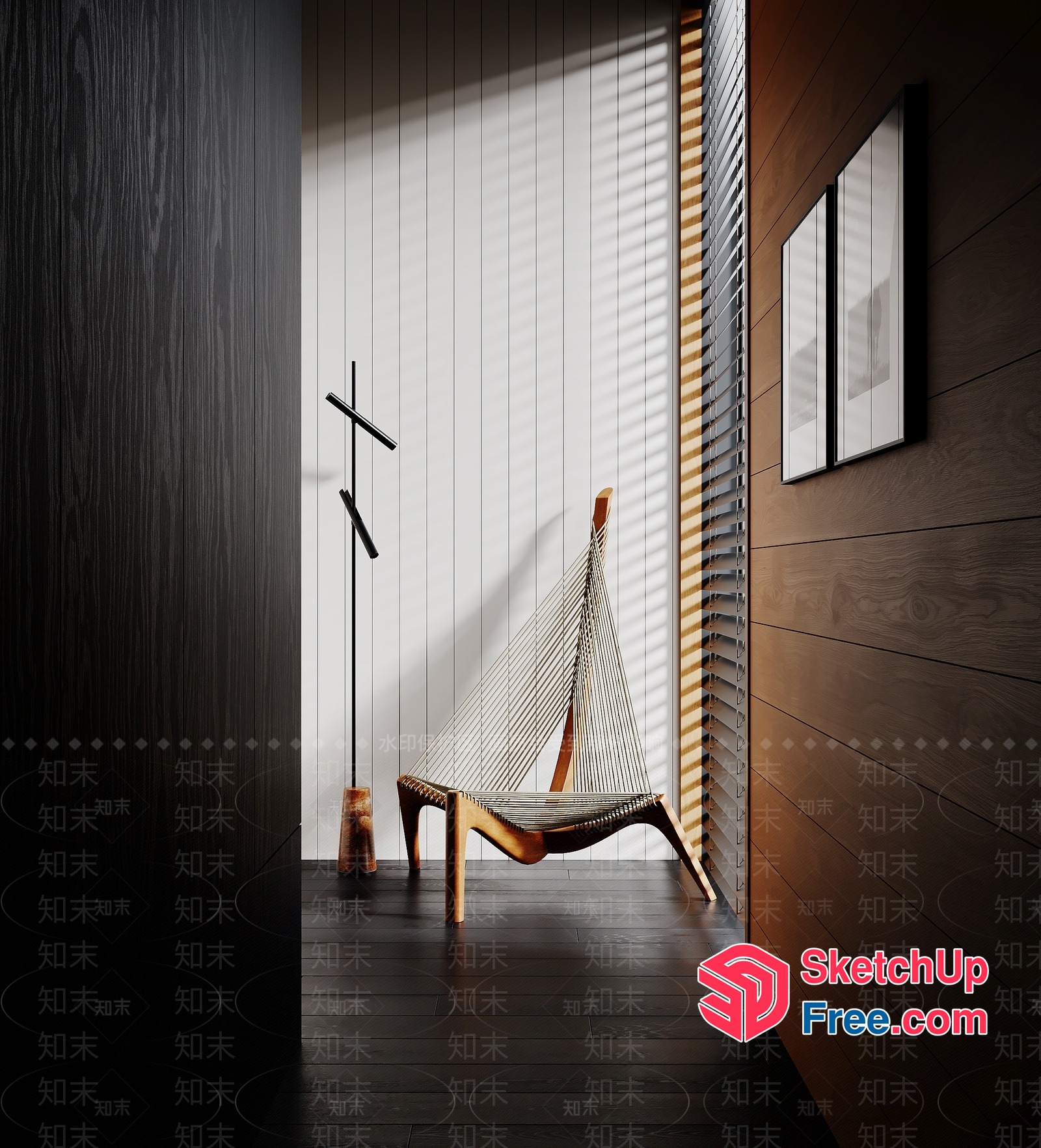 Elegant Wood And Rope Chair In A Modern Room 3D SketchUp File