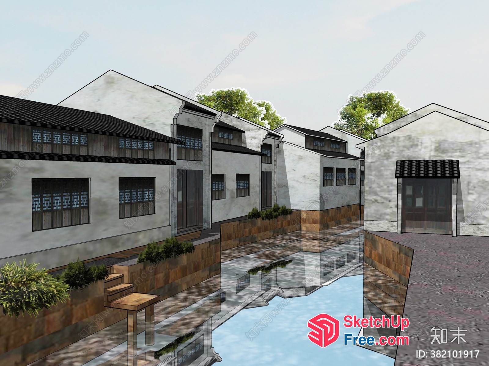 Traditional Chinese Village Scene With Waterway And Staircase 3D SketchUp File
