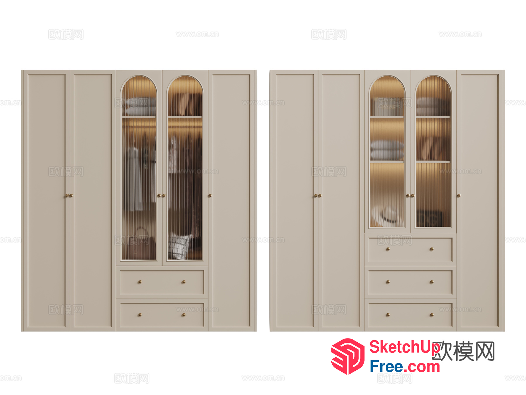 Creamy Style Wardrobes With Glass Doors And Shelves 3D SketchUp File
