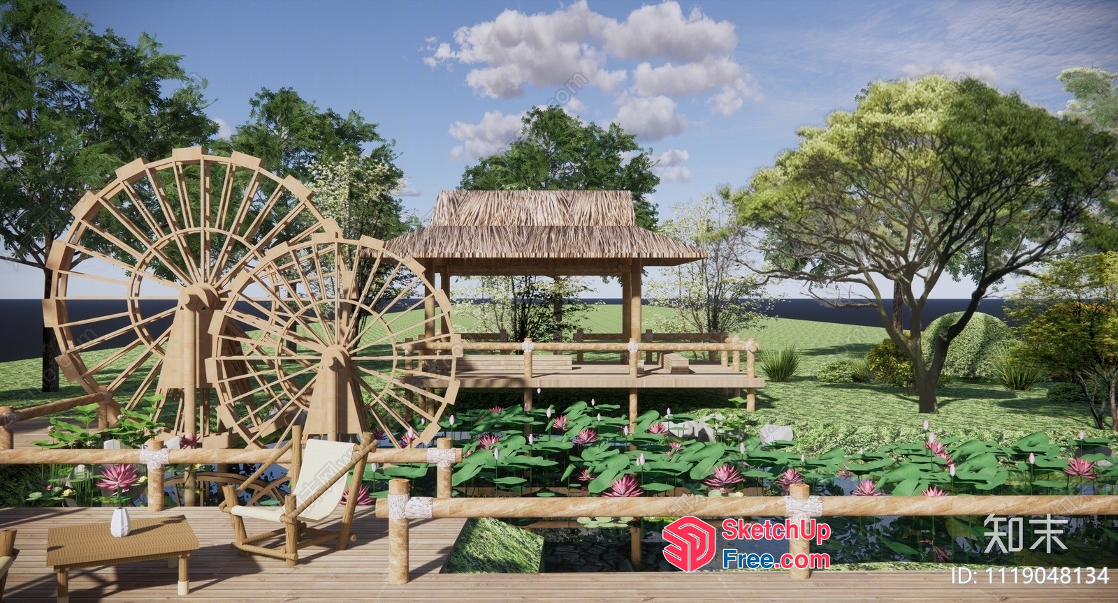 Serene Outdoor Oasis With Water Wheel And Pavilion 3D SketchUp File
