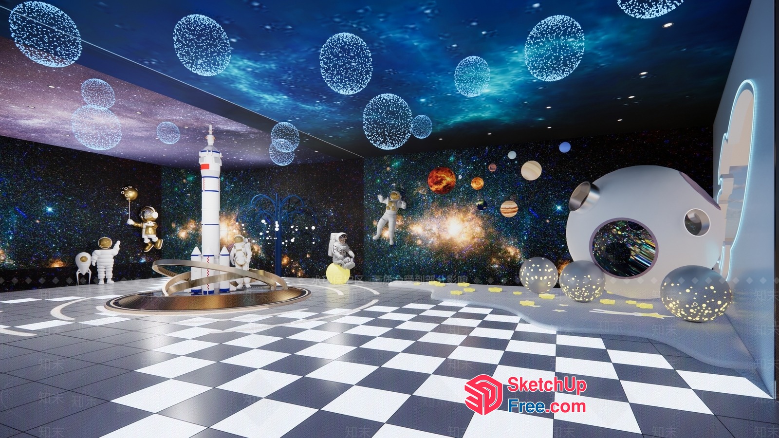 Futuristic Space-Themed Room With Astronauts And Planets 3D SketchUp File
