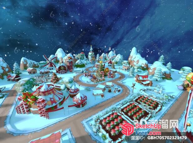 Snowy Winter Village Scene 3D SketchUp File