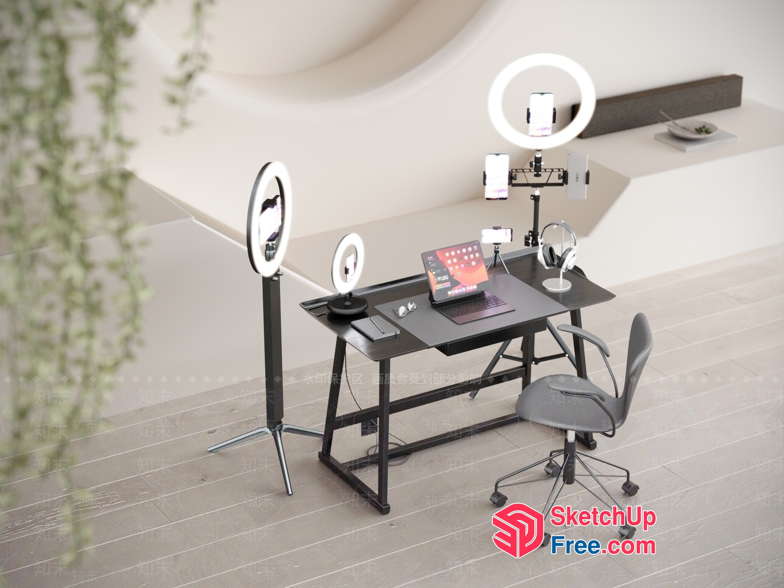Modern Home Office Workspace With Ring Lights And Laptop 3D SketchUp File