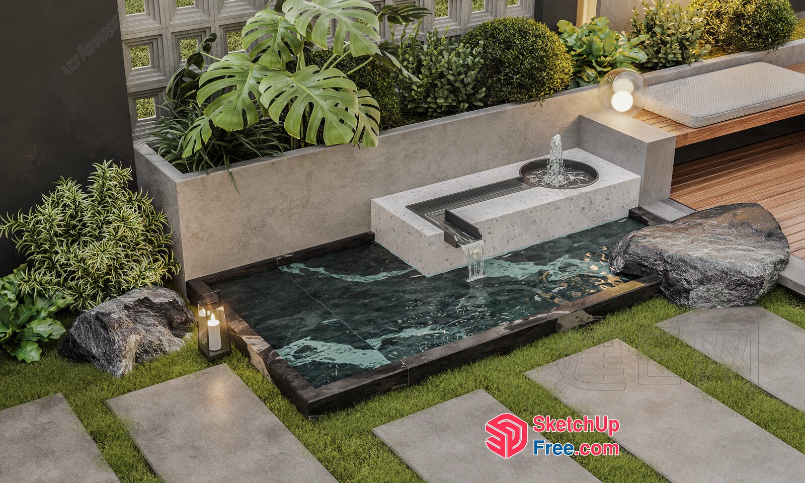 Modern Outdoor Water Feature And Plant Decor 3D SketchUp File