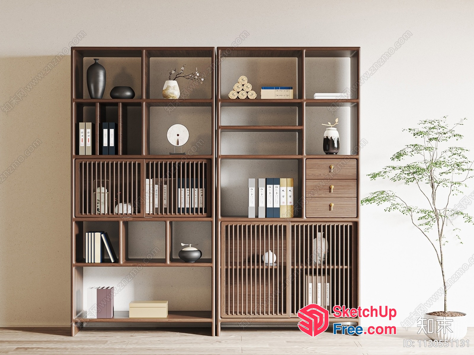 Elegant Japanese-Style Bookcase With Minimalist Decor 3D SketchUp File