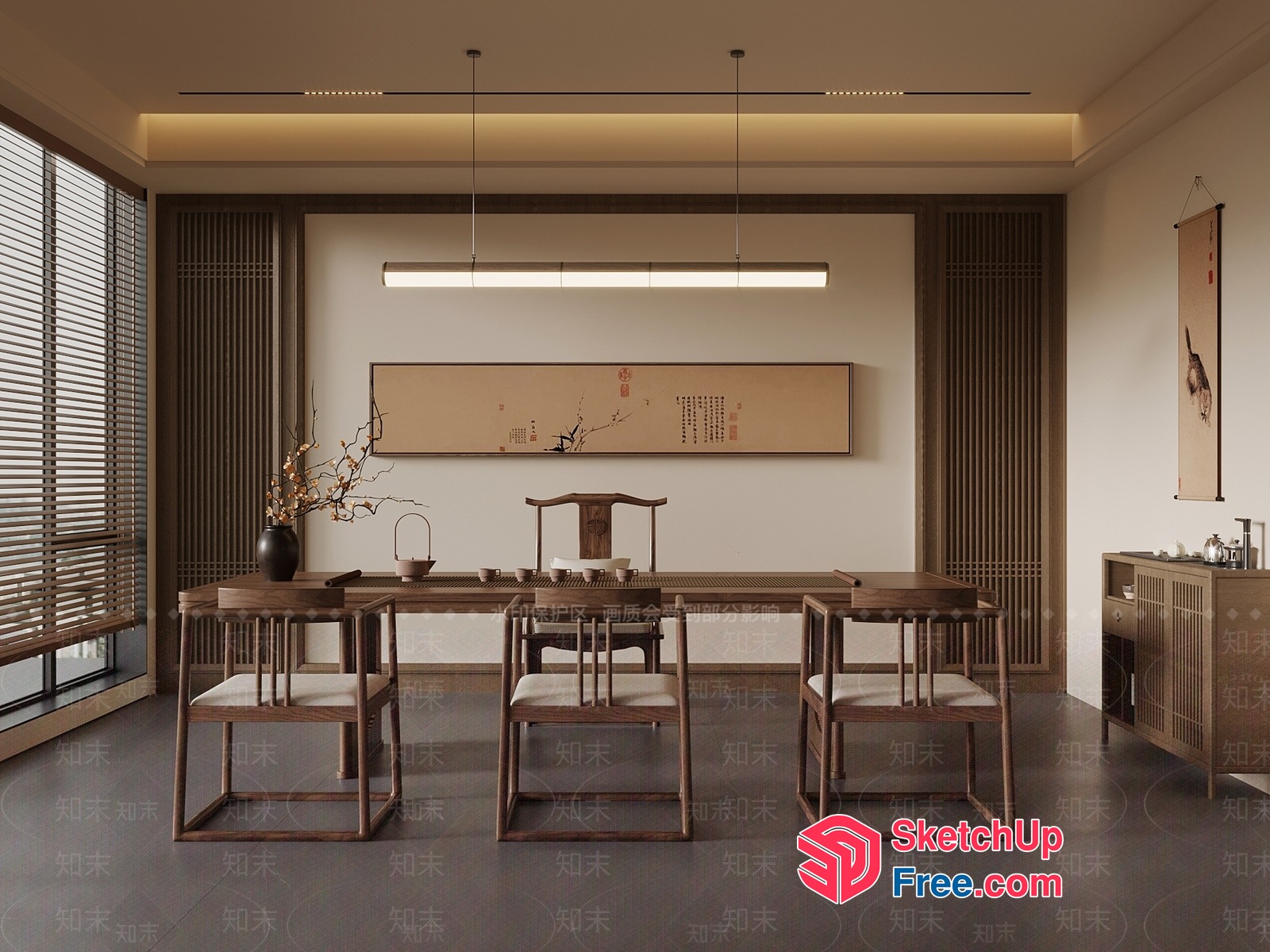 Minimalist Japanese-Style Dining Room With Natural Wood Accents 3D SketchUp File