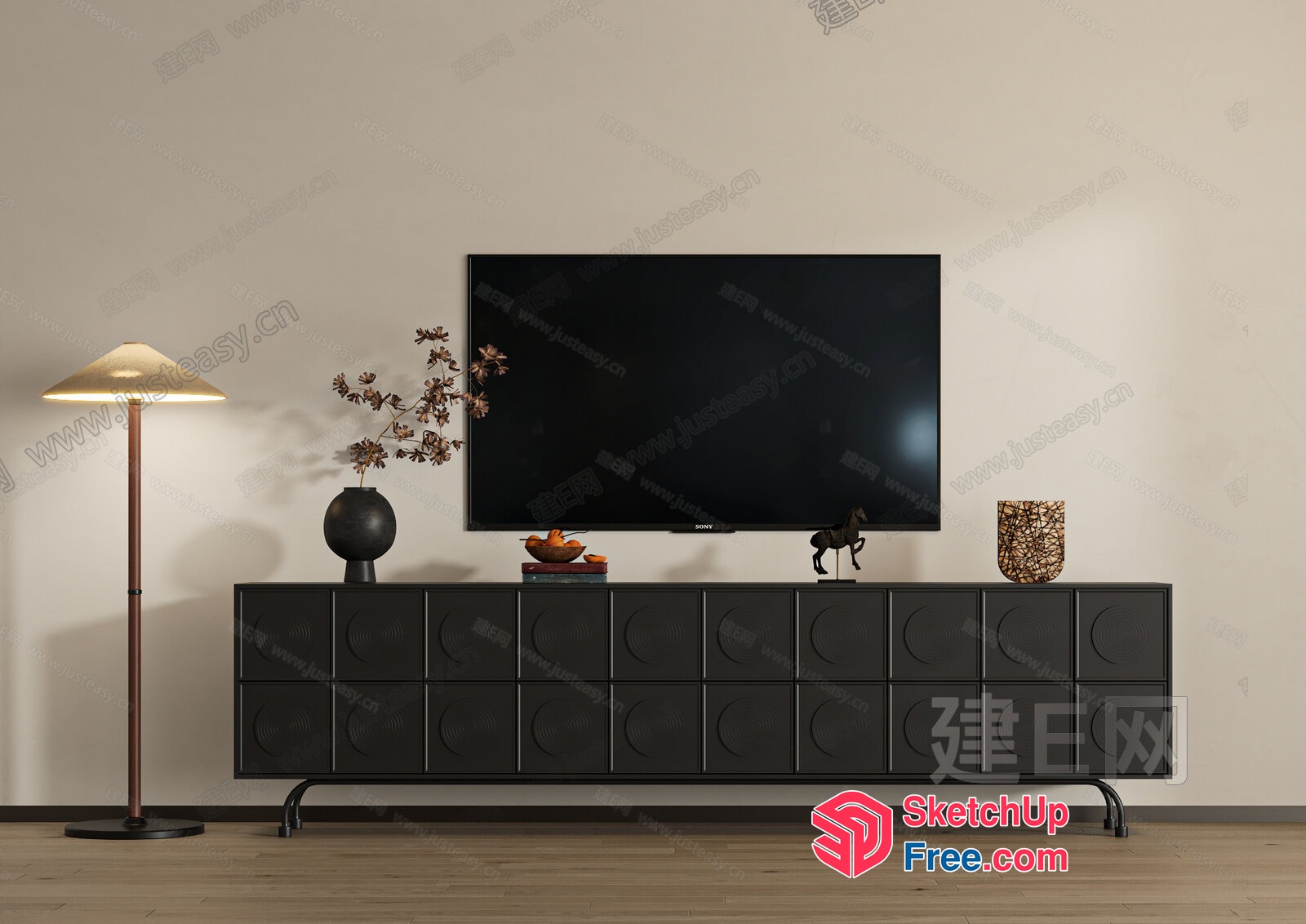Tv And Sideboard Arrangement In A Neutral Colored Room 3D SketchUp File