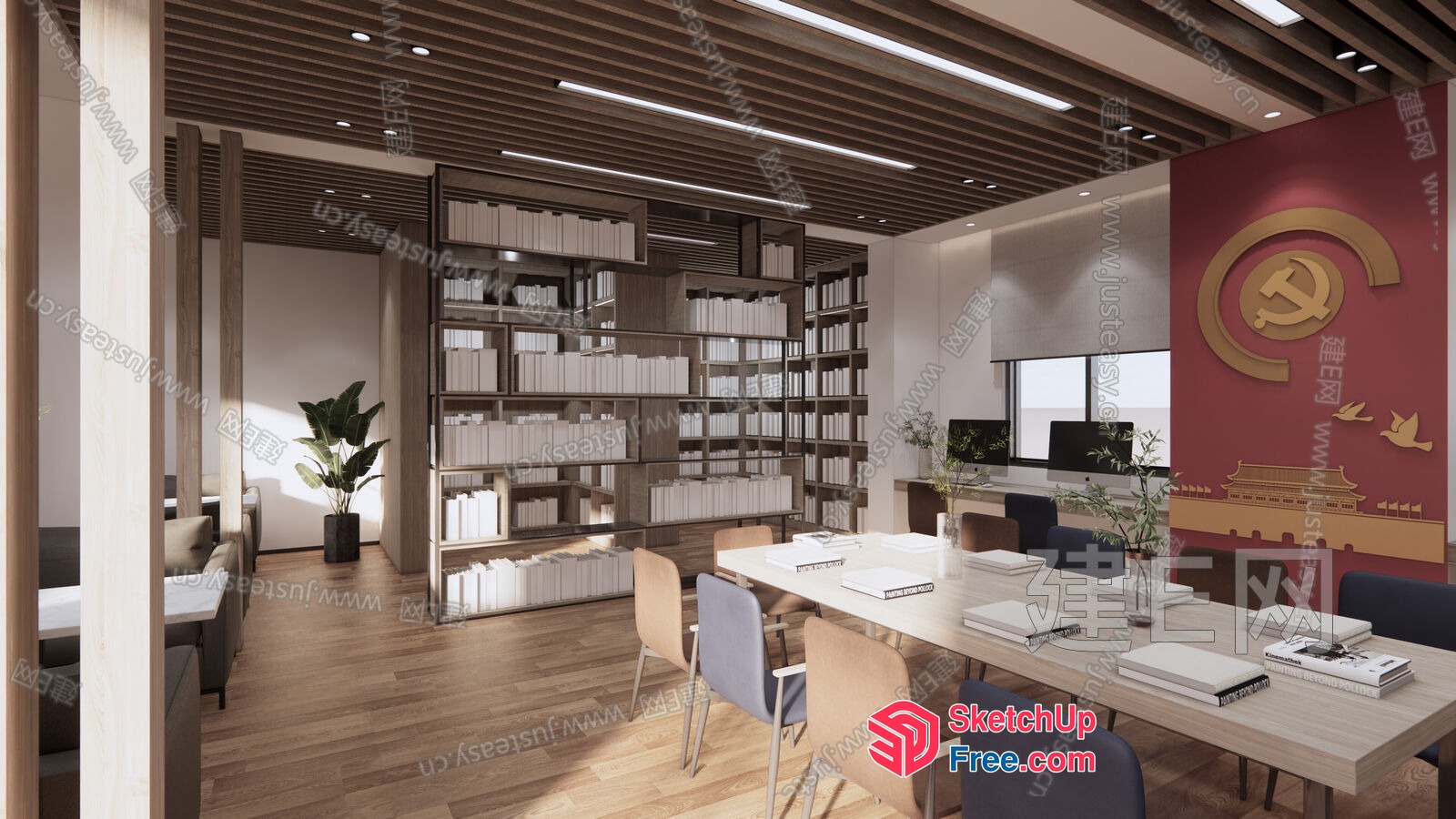 Modern Office Space With Wooden Ceiling And Bookcase 3D SketchUp File