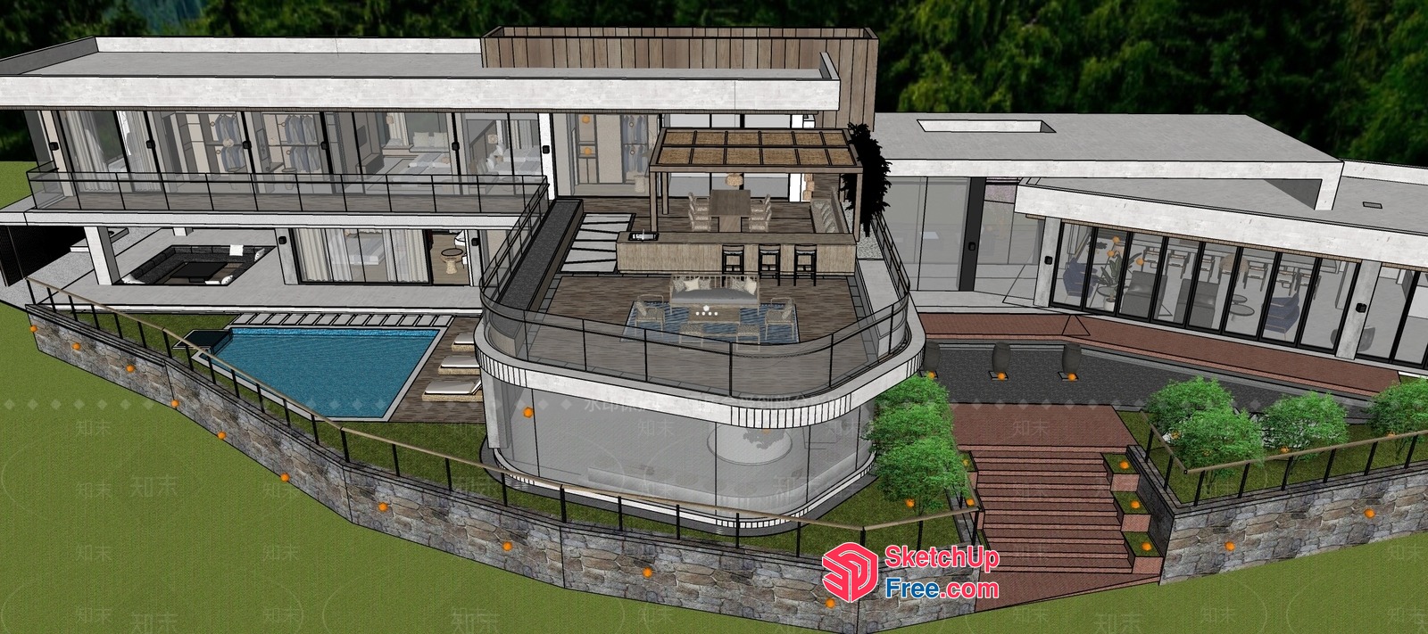 Modern Villa With Glass Curtain Wall And Staircase 3D SketchUp File