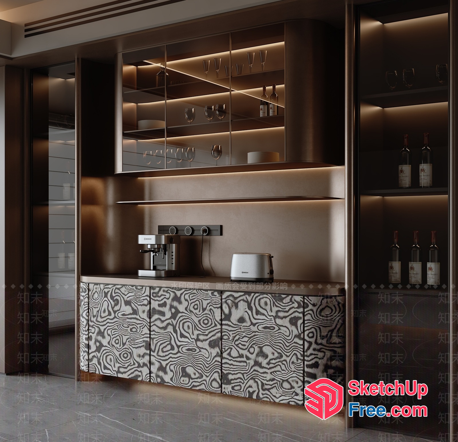 Modern Kitchen Bar With Wine Cabinet And Coffee Machine 3D SketchUp File