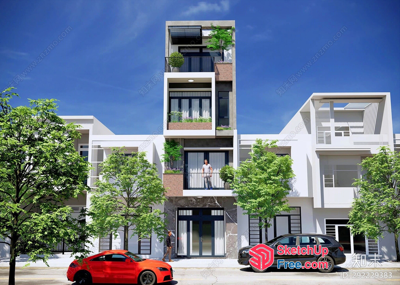 Modern Apartment Building With Balconies And Cars 3D SketchUp File