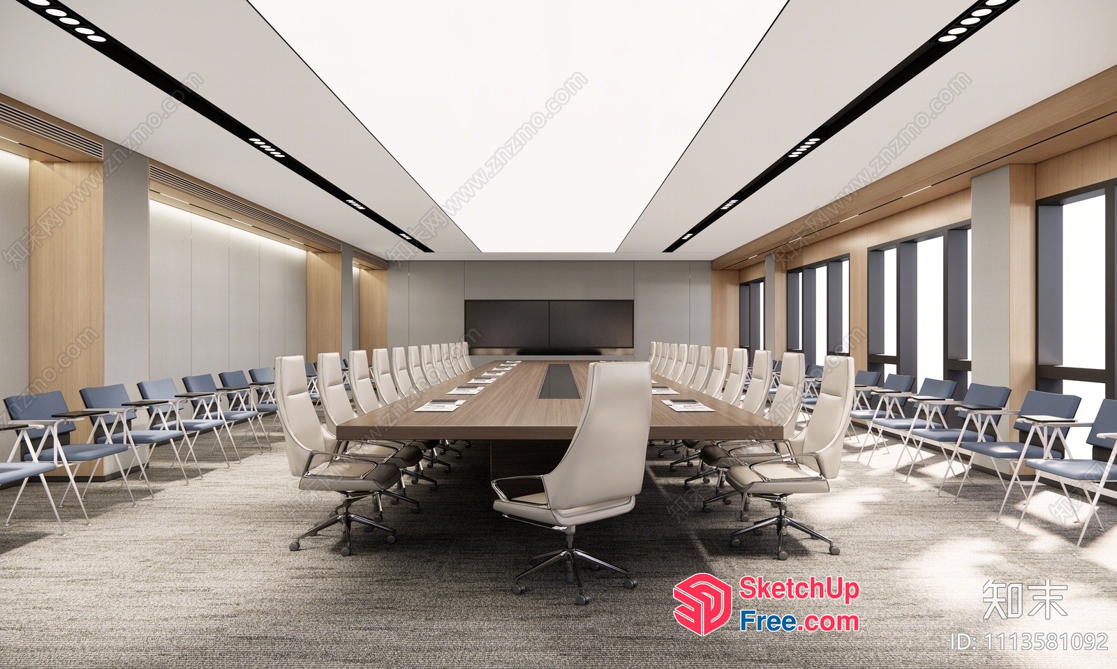 Modern Conference Room With Large Wooden Table And White Chairs 3D SketchUp File