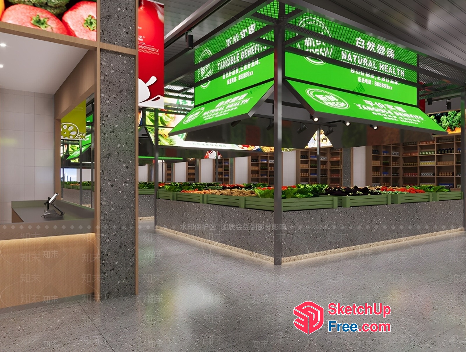 Supermarket Interior With Fresh Produce And Modern Design 3D SketchUp File