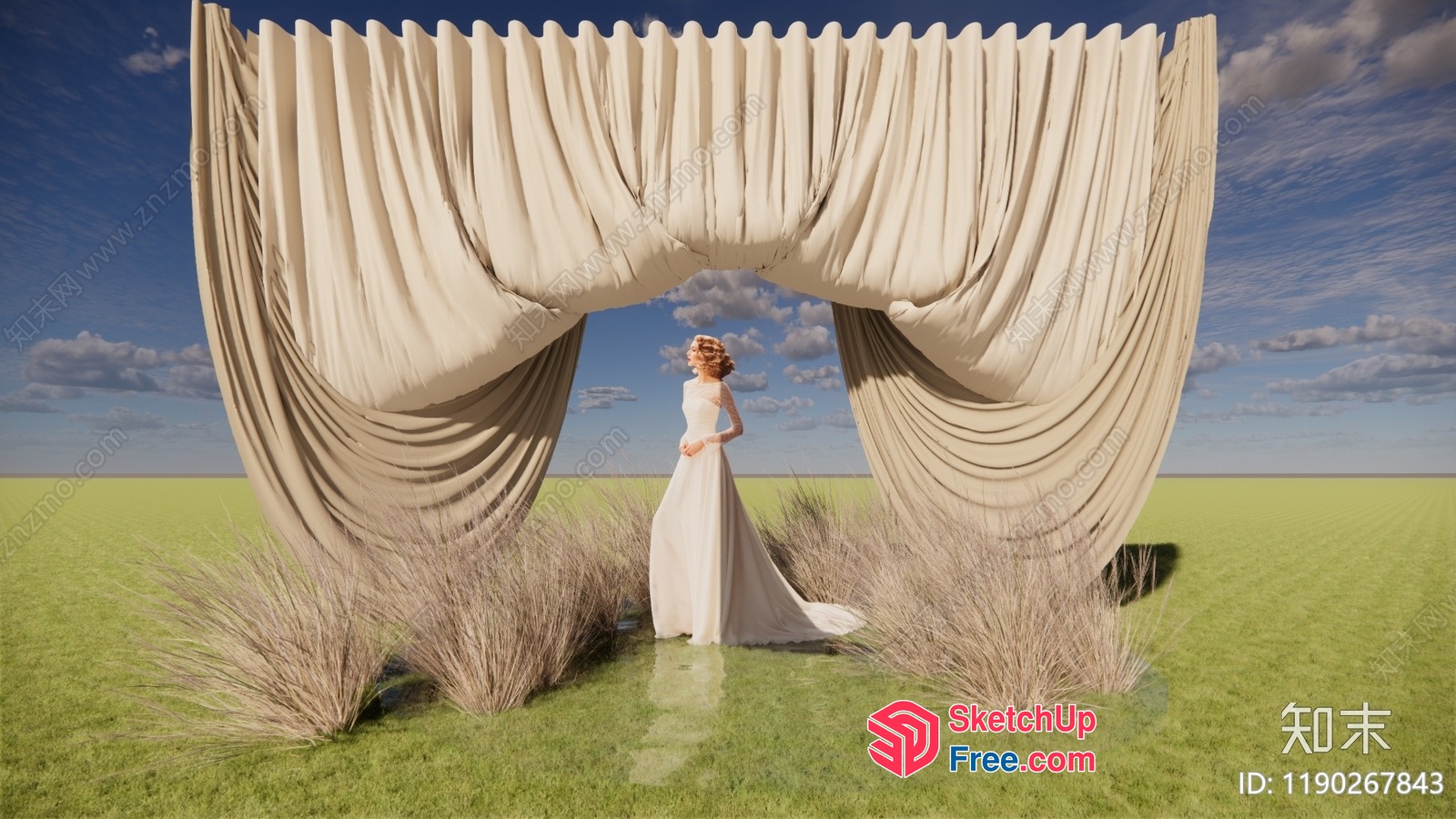 Woman In White Dress Standing Under Large White Curtain In Grass Field 3D SketchUp File