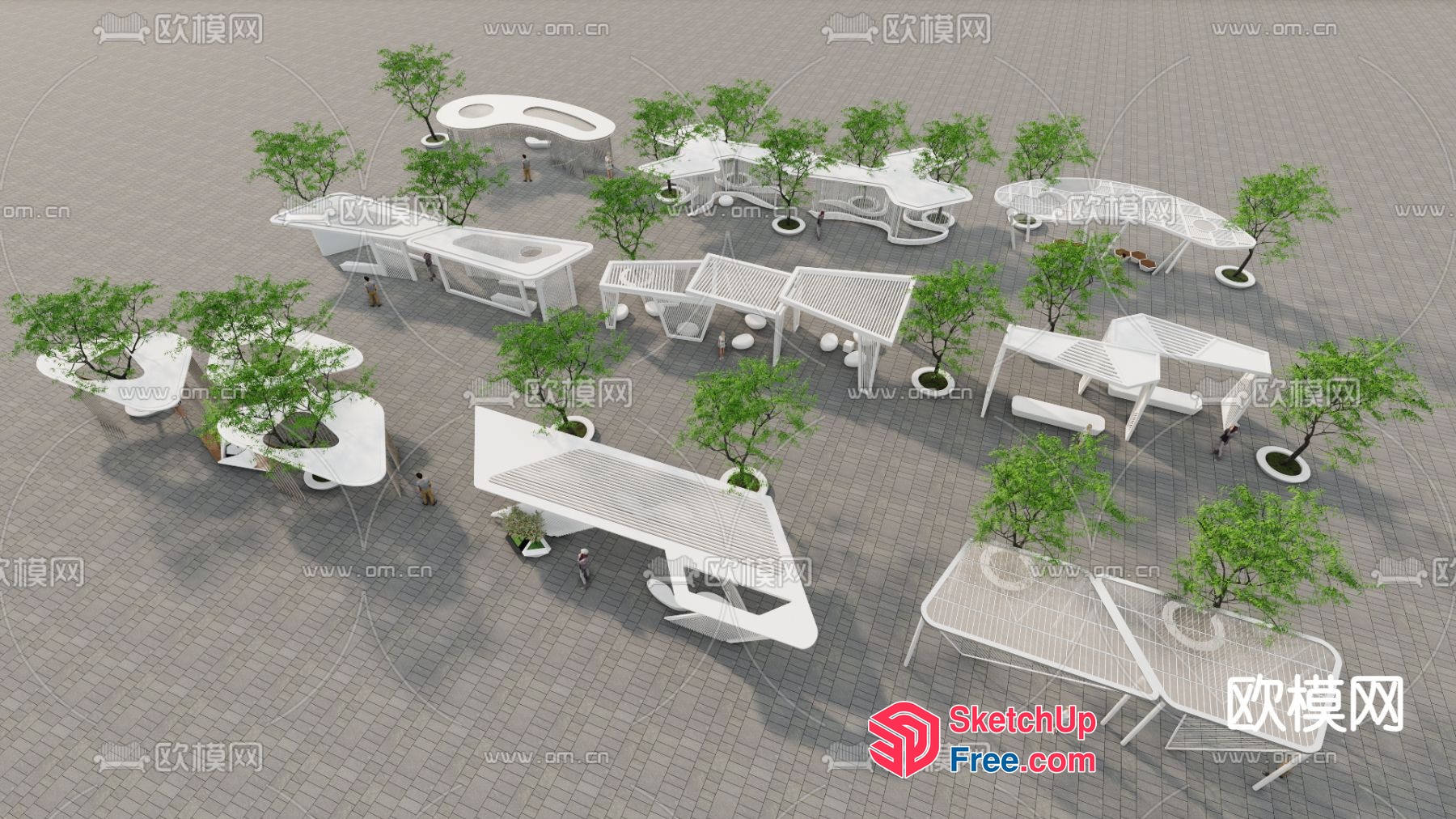 White Modern Outdoor Furniture Set With Trees 3D SketchUp File